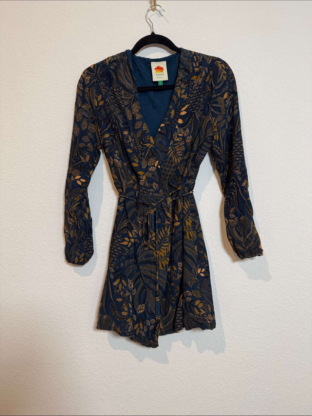 Farm Rio Dotted Forest Teal Mini Long Sleeve Wrap Dress Sz Small